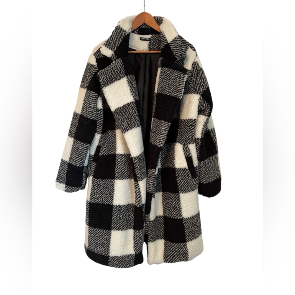 SHEIN Black and White Plaid Teddy Jacket